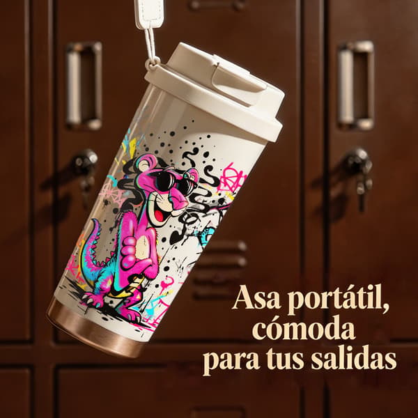 Termosmugg 500ml Rostfritt Stål Grafisk Design, Isolerad kaffemugg, läckagesäker resemugg med lock White
