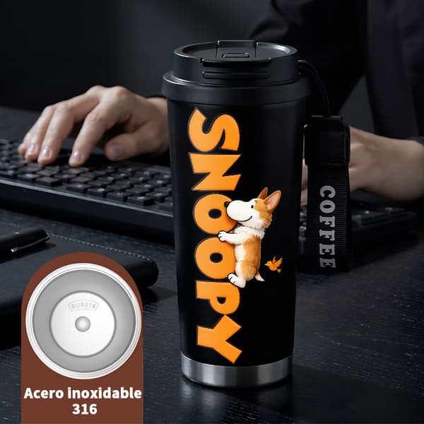 Termisk kaffemugg 500ml Rostfritt stål Abstrakt design, Isolerad kaffemugg, läckagesäker resemugg med lock Black