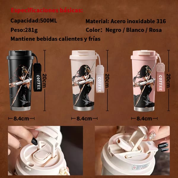 Termisk kaffemugg 500ml rostfritt stål festlig design, isolerad kaffemugg, läckagesäker resemugg med lock Black