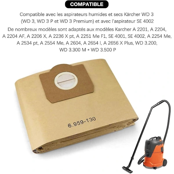 10 kpl pölynimuripusseja Karcher 6.959-130.0 suodatinpusseille A 2201/2204/2504