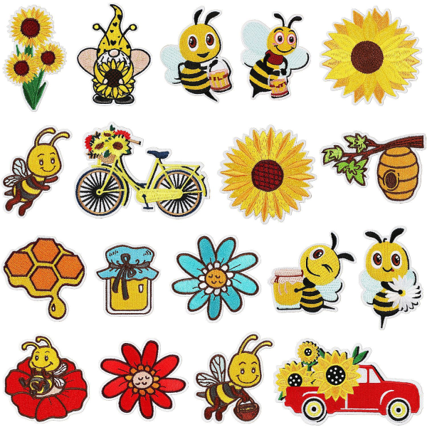 18 delar Sunflower Bee påstrykningsbroderibrickor för sömnad