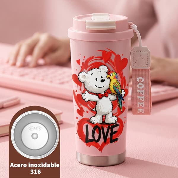 Kaffetermos 500ml Rostfritt Stål Modern Design, Isolerad kaffemugg, läckagesäker resemugg med lock Pink