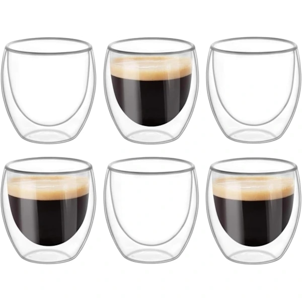 6 kpl kaksiseinäisiä kuppeja lasimukeja, läpinäkyviä kaksiseinäisiä kahvikuppeja, kaksiseinäisiä, cappuccino, latte ja eristettyjä (80 ml)