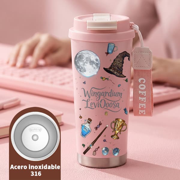 Kaffetermos 500ml Rostfritt Stål Konstnärlig Design, Isolerad kaffemugg, läckagesäker resemugg med lock Pink