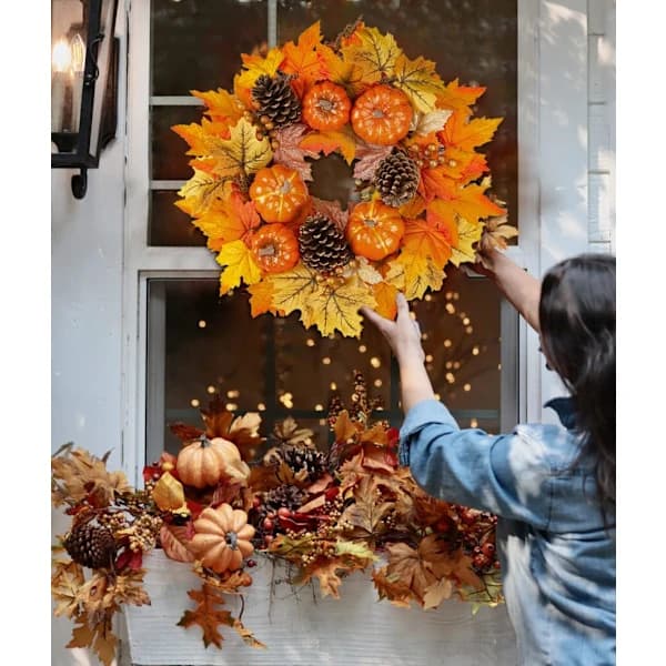 40 cm efterårsløvkrans, efterårskrans med græskar og kogler, egnet til efterår, halloween, Thanksgiving-krans til hoveddøren, A