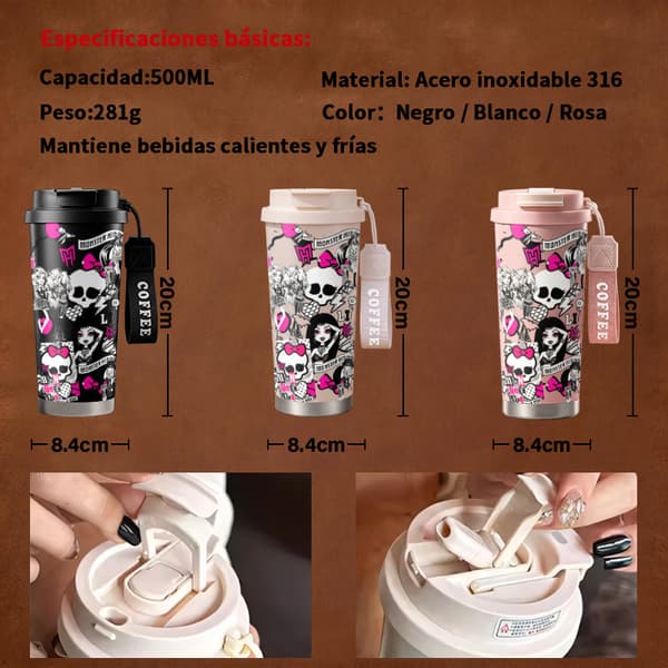 Kaffetermos 500ml Rostfritt Stål Tecknad Design, Isolerad kaffemugg, läckagesäker resemugg med lock Black