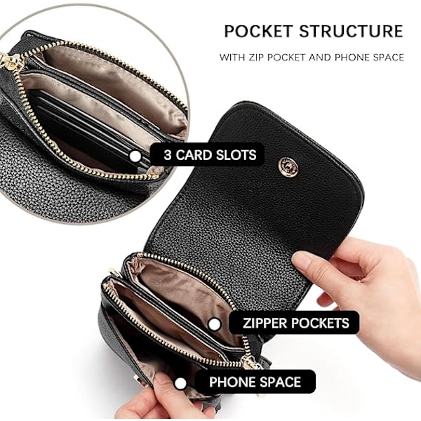Vegan Läder Liten Crossbody Väska för Kvinnor Designer Mobilväska Plånböcker Justerbar Rem black