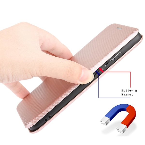 För Nokia C32 PU Läder Kolfibertextur Skal Kortfack Ställ Mobilskal Rose Gold