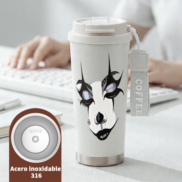 Kaffetermos 500ml Rostfritt Stål Grafisk Design, Isolerad kaffemugg, läckagesäker resemugg med lock White
