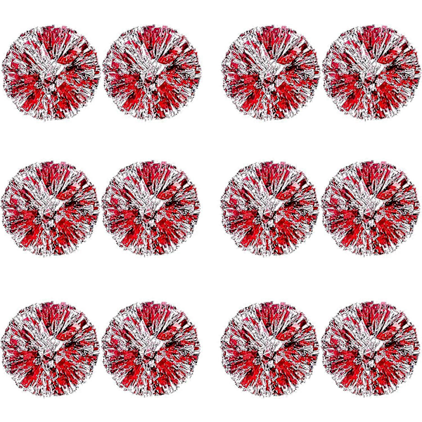 12 kpl Cheerleading Pom Pomit Lapsille, Metallinhohtoiset Folio Muovirenkaat Cheer Pom Pomit Pojille Large Red Silver
