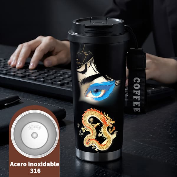 Kaffetermos 500ml Rostfritt Stål Grafisk Design, Isolerad kaffemugg, läckagesäker resemugg med lock Black