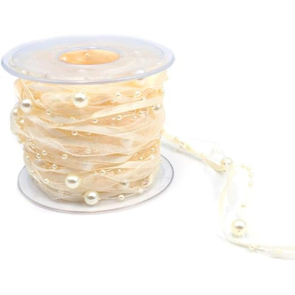 2 rullar beige 10M konstgjorda pärlor band, chiffongband