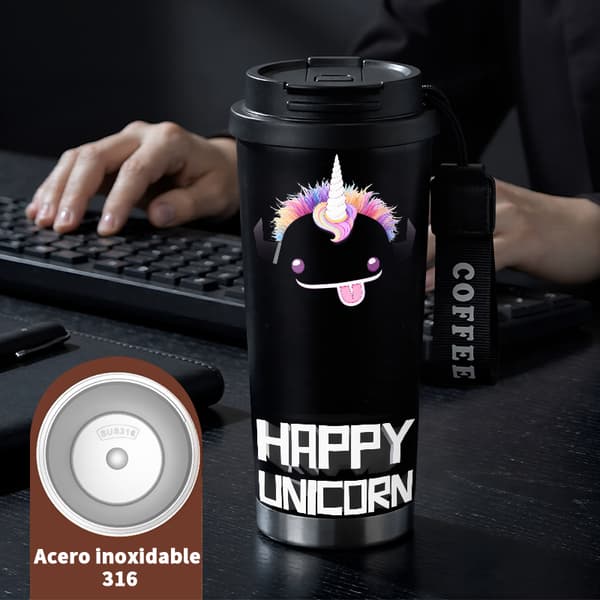 Kaffetermos 500ml Rostfritt Stål Tecknad Design, Isolerad kaffemugg, läckagesäker resemugg med lock Black