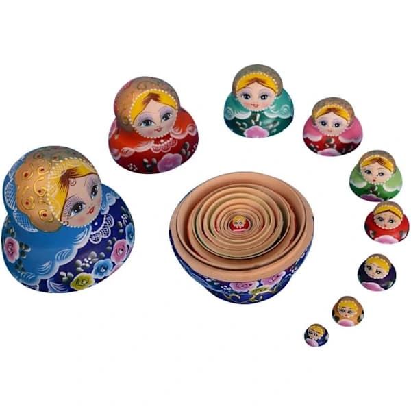 Blå 10-pack ryska babushka-dockor Matryoshka handgjorda, A