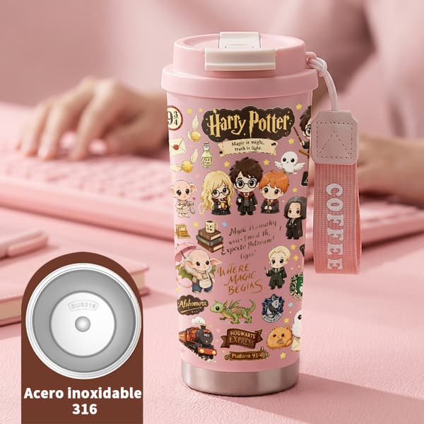 Kaffetermos 500ml Rostfritt Stål Geometrisk Design, Isolerad kaffemugg, läckagesäker resemugg med lock Pink