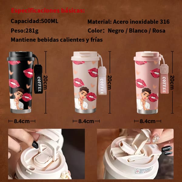 Kaffetermos 500ml 316 Rostfritt Stål Konstnärlig Design, Isolerad kaffemugg, läckagesäker resemugg med lock Pink