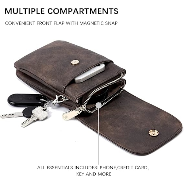 Vegan Läder Liten Crossbody Väska för Kvinnor Designer Mobilväska Plånböcker Justerbar Rem Brown