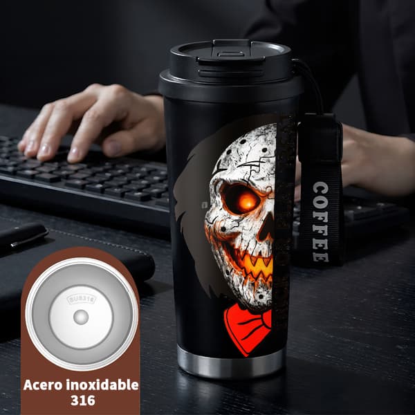 Termoskaffemugg 500ml Rostfritt Stål Blommig Design, Isolerad kaffemugg, läckagesäker resemugg med lock Black