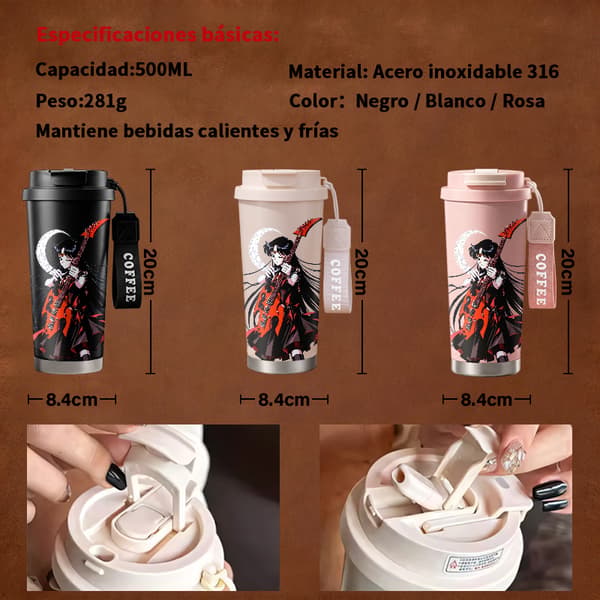 Kaffetermos 500ml Rostfritt Stål Grafisk Design, Isolerad kaffemugg, läckagesäker resemugg med lock Black