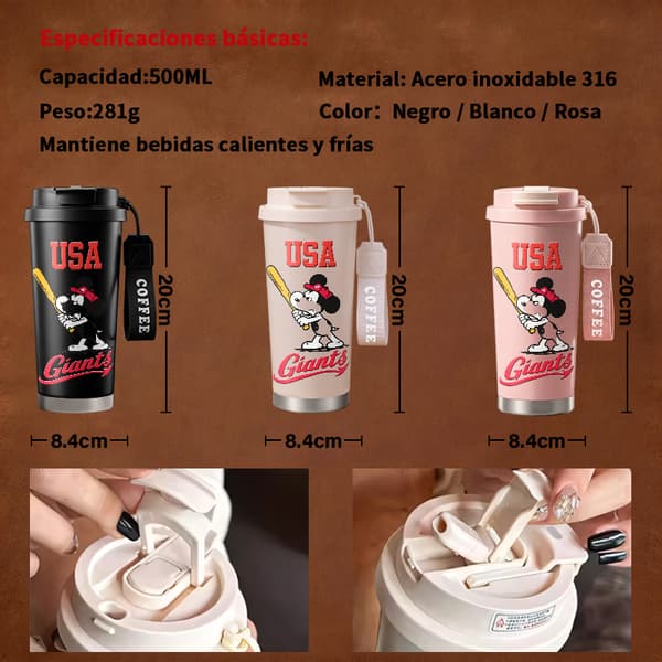 Termosmugg 500ml Rostfritt Stål Blommig Design, Isolerad kaffemugg, läckagesäker resemugg med lock Black