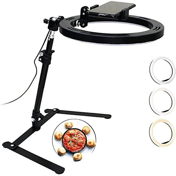 LED-ringlys med bordstativ og mobiltelefonholder, 3 lystilstande justerbar ringlampe til Tiktok, Live Stream 28-45CM (sort)