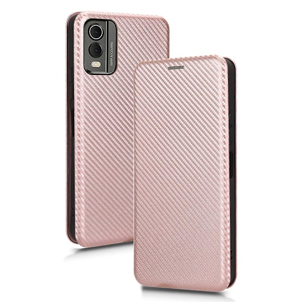För Nokia C32 PU Läder Kolfibertextur Skal Kortfack Ställ Mobilskal Rose Gold