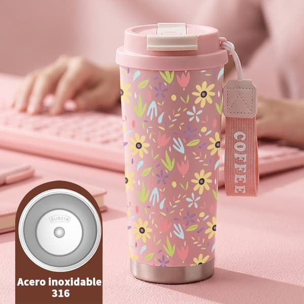 Termisk kaffekopp 500ml rustfritt stål geometrisk design Pink