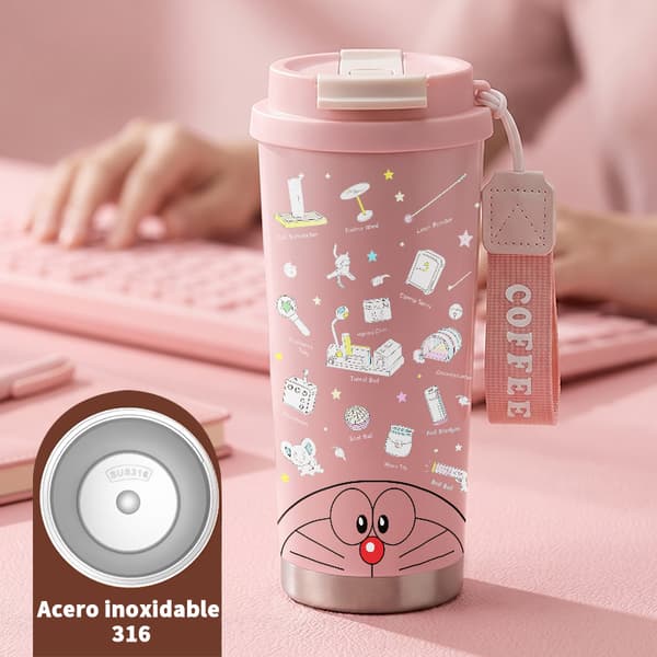 Kaffetermos 500ml Rostfritt Stål Grafisk Design, Isolerad kaffemugg, läckagesäker resemugg med lock Pink