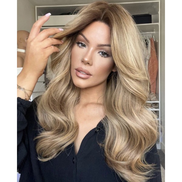 Kvinnors peruk Långt hår Brunt Blond Gradient Mid-Wide Wave Long
