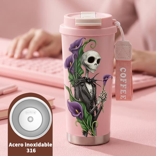 Termosmugg 500ml Rostfritt Stål Halloween Design, Isolerad kaffemugg, läckagesäker resemugg med lock Pink
