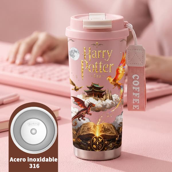 Termosmugg 500ml Rostfritt Stål Abstrakt Design, Isolerad kaffemugg, läckagesäker resemugg med lock Pink