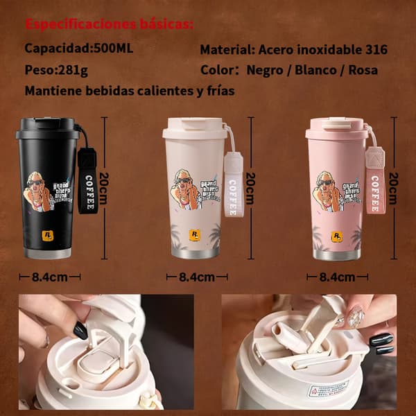Bærbar kaffetermos 500 ml rustfritt stål kunstnerisk design Pink