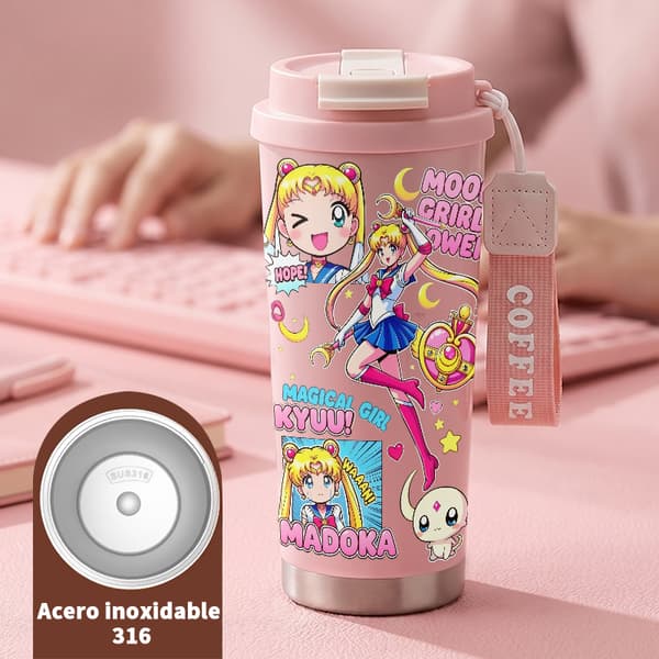 Kaffetermos 500ml Rostfritt Stål Abstrakt Design, Isolerad kaffemugg, läckagesäker resemugg med lock Pink