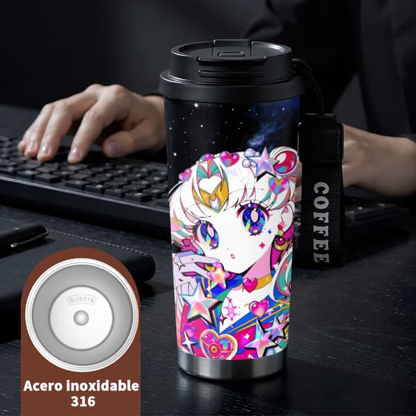 Termosmugg 500ml Rostfritt Stål Söt Design, Isolerad kaffemugg, läckagesäker resemugg med lock Black