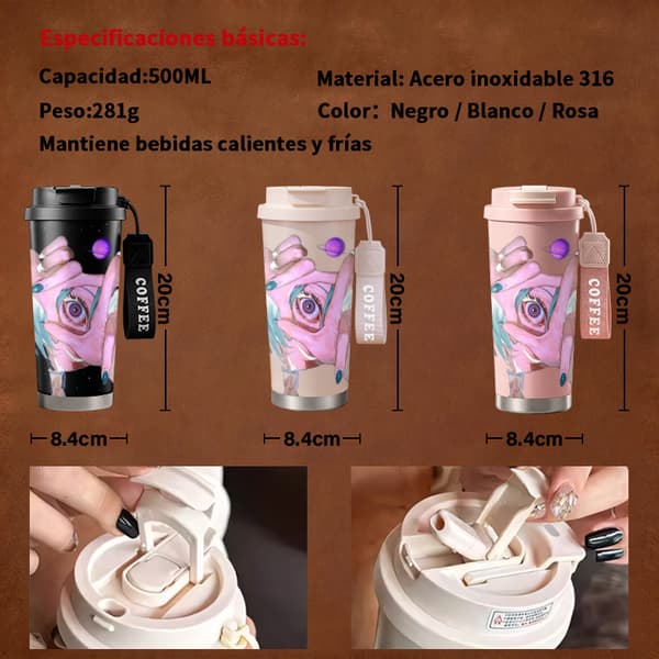 Kaffetermos 500ml 316 Rostfritt Stål Festlig Design, Isolerad kaffemugg, läckagesäker resemugg med lock Black