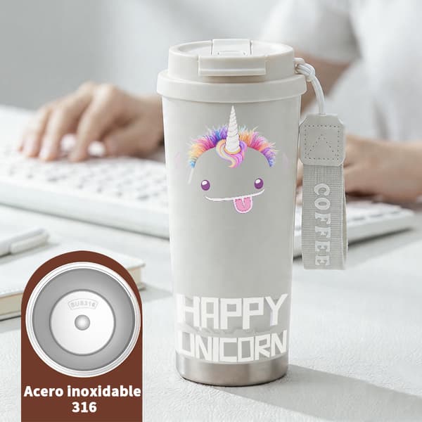 Kaffetermos 500ml Rostfritt Stål Tecknad Design, Isolerad kaffemugg, läckagesäker resemugg med lock White