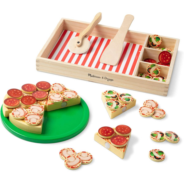 Pizza Party Träleksaksmatset för Låtsaslek, Leksaksmat för Förskolan, Leksak för Barn från 3 år och uppåt