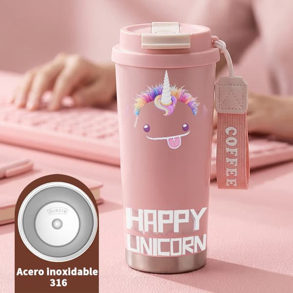 Kaffetermos 500ml Rostfritt Stål Tecknad Design, Isolerad kaffemugg, läckagesäker resemugg med lock Pink
