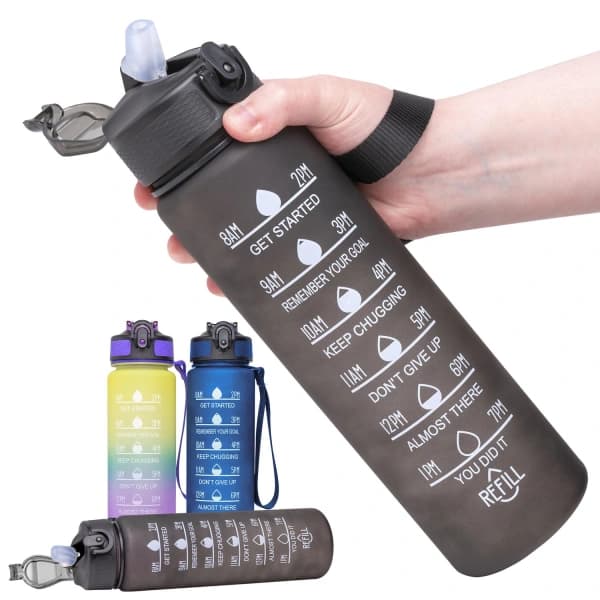 1L Water Bottle with Straw & Time Marker Blue