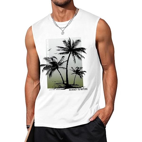 Tanktoppar för män, grafiska tanktoppar för män, sommar hawaiiansk palmträd ärmlös muskel gymtröja, strandtanktoppar för män L
