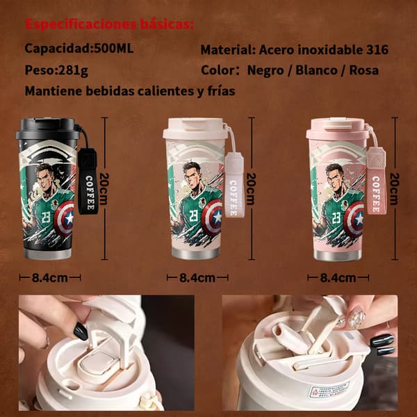 Termoskaffemugg 500ml 316 Rostfritt Stål Djurdesign, Isolerad kaffemugg, läckagesäker resemugg med lock Pink