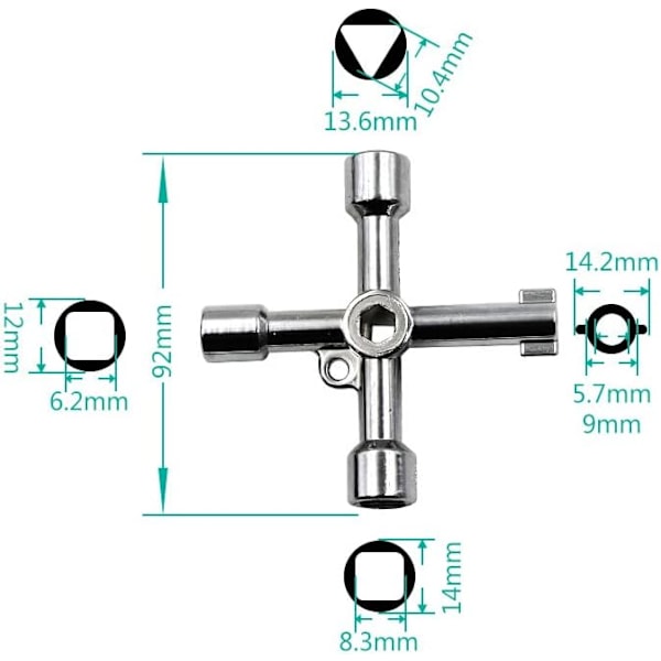 4-veis universalnøkkel, universal kryssnøkkel, radiatornøkkel, multifunksjonsnøkkel for elektriske målere, heiser, etc.