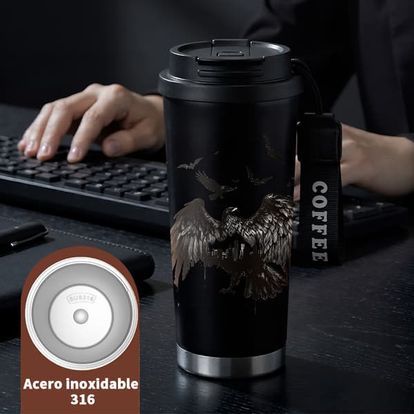 Termisk kaffemugg 500ml läckagesäker djurdesign, Isolerad kaffemugg, läckagesäker resemugg med lock Black