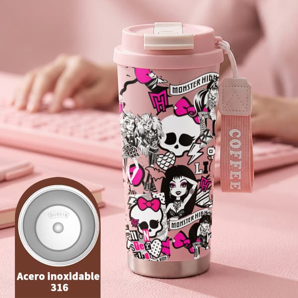 Kaffetermos 500ml Rostfritt Stål Tecknad Design, Isolerad kaffemugg, läckagesäker resemugg med lock Pink