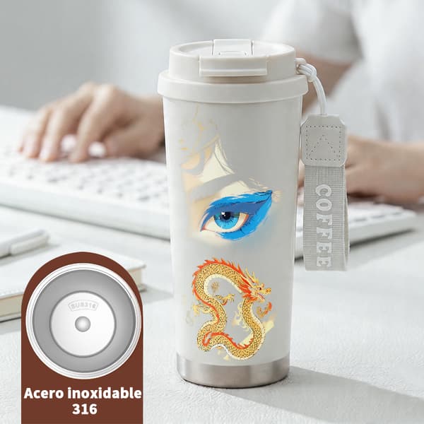Kaffetermos 500ml Rostfritt Stål Grafisk Design, Isolerad kaffemugg, läckagesäker resemugg med lock White