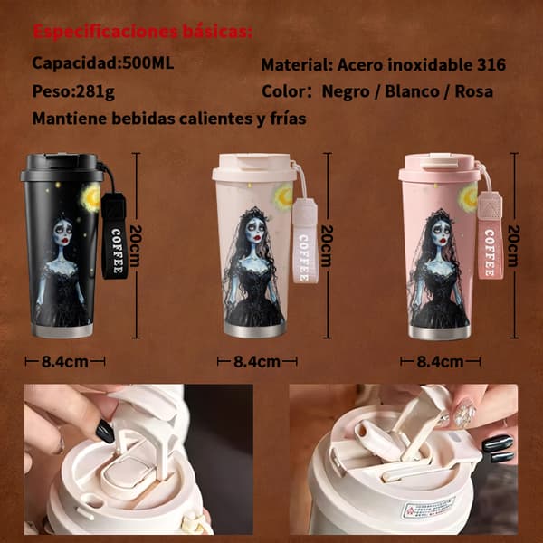 Kaffetermos 500ml Rostfritt Stål Djurmönster, Isolerad kaffemugg, läckagesäker resemugg med lock White