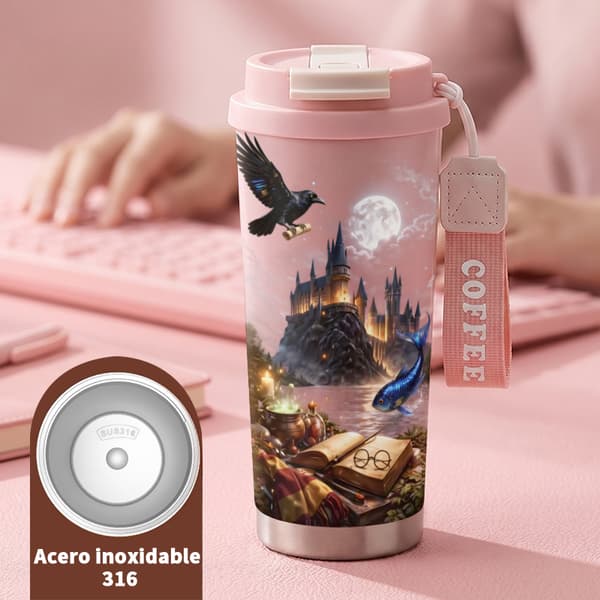 Termisk kaffemugg 500ml rostfritt stål geometrisk design, Isolerad kaffemugg, läckagesäker resemugg med lock Pink