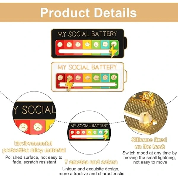 Min Social Battery Pin, 4 My Social Battery Pins Interaktive emaljenåle Social Battery, Kreativ følelsesmæssig pin Sjov for mental sundhed (Hvid + Sort...