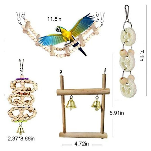 8 Pakke Papegøje Fugle Legetøj Tyggelegetøj med Hængekøje Gynge Klokke Kæde Siddepinde til Fugle, Papegøjer, Undulater, Budgies, Araer, Kærlighedsfugle,