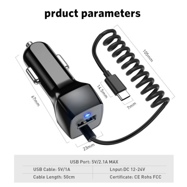 1 stk TYPE-C biloplader egnet til mobilopladning